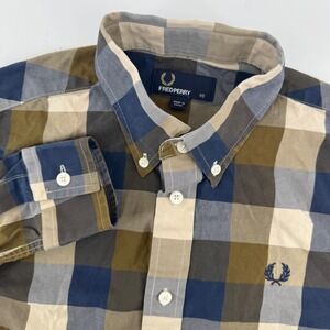 Fred Perry Mens XS Plaid Button Down Long Sleeve Shirt Blue Brown Beige